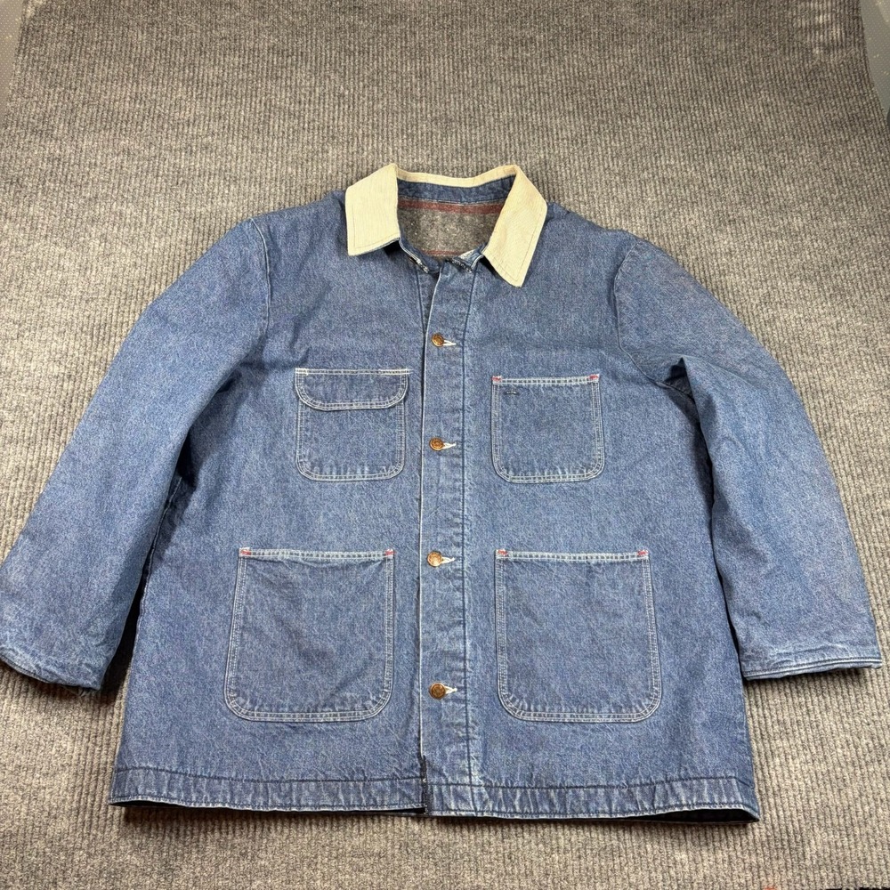 Vintage Men Chore Jacket Blue Denim Fleece Lined Cotton Button Front 2XL‎ Wash
